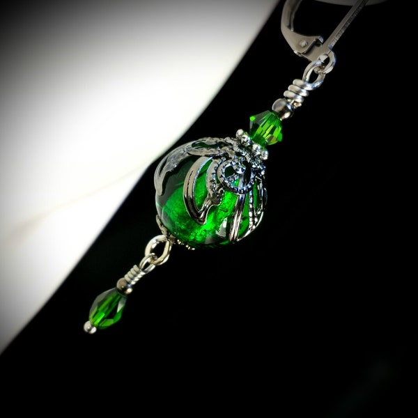 Emerald Green Victorian Earrings, Dark Green Gothic Dangle, Antiqued Silver Gunmetal, Forest Green Edwardian Drop, Titanic Temptations 16009