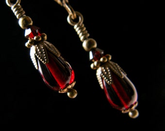Small Blood Red Victorian Earrings, Crimson Steampunk Tiny Dangle, Garnet Red Edwardian Bridal Drop, Antique Gold Bronze Titanic Temptations
