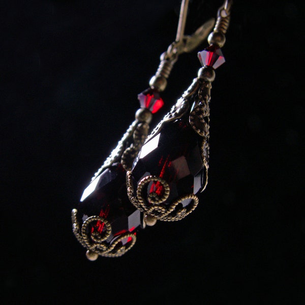 Blood Red Bronze Gothic Earrings, Dark Crimson Red Victorian Drops, Garnet Edwardian, Antique Gold Brass Steampunk Titanic Temptations 12019