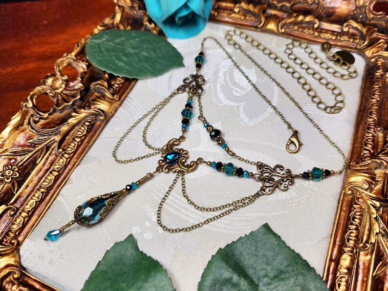 Peacock Blue Victorian Choker, Teal Green Gothic, Blue Zircon Edwardian Bridal, Steampunk, Antiqued Gold Bronze, Titanic Temptations 24001 image 6