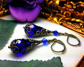 Royal Blue Victorian Earrings, Sapphire Teardrop, Gothic Cobalt, Dark Blue Edwardian Bridal, Antique Gold Bronze, Titanic Temptations 16030
