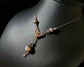Pink Pearl Victorian Choker, Light Pink Edwardian Bridal, Peach Pink Crystal Pearl, Antique Gold Bronze Filigree Titanic Temptations 19012