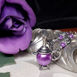 Pendentif de théière en perle violette, perle de cristal daméthyste, théière lilas charme collier victorien, théière antique en argent Titanic Temptations 21012 image 7