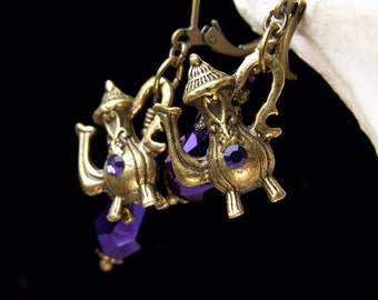 Teapot Charm Victorian Earrings, Coffee Pot Charms, Metallic Purple Crystal Dangle Drops, Antiqued Gold Bronze, Titanic Temptations Jewelry