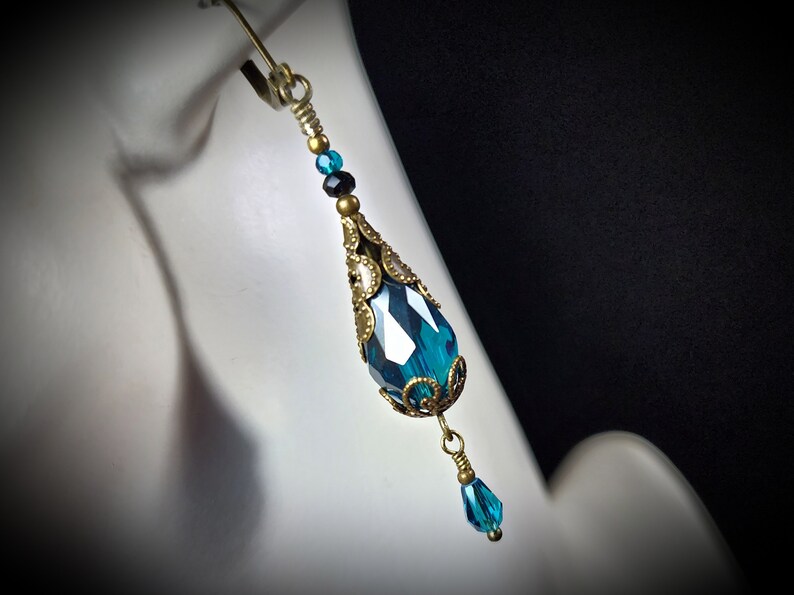 Peacock Blue Victorian Earrings, Teal Green Gothic Teardrop, Blue Zircon Edwardian Bridal, Antique Gold Bronze, Titanic Temptations 24001 image 3