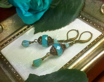 Blue Opal Victorian Earrings, Antique Gold Bronze, Aqua Gothic, Turquoise Steampunk, Green Sea Opal Teal Edwardian Titanic Temptations 17022
