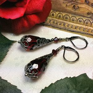 Ox Blood Red Silver Gothic Earrings, Garnet Victorian, Crimson Steampunk, Dark Red Gunmetal, Scarlet Edwardian, Titanic Temptations 15027 image 4