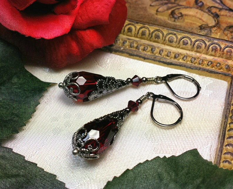 Ox Blood Red Silver Gothic Earrings, Garnet Victorian, Crimson Steampunk, Dark Red Gunmetal, Scarlet Edwardian, Titanic Temptations 15027 image 4