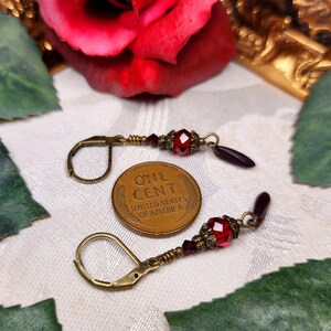 Blood Red Victorian Earrings, Crimson Gothic, Scarlet Steampunk, Dark Red Edwardian Bridal, Antique Gold Bronze, Titanic Temptations 23004 image 6