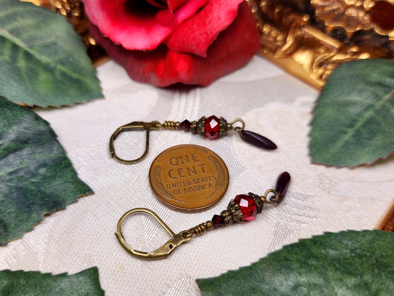 Blood Red Victorian Earrings, Crimson Gothic, Scarlet Steampunk, Dark Red Edwardian Bridal, Antique Gold Bronze, Titanic Temptations 23004 image 6