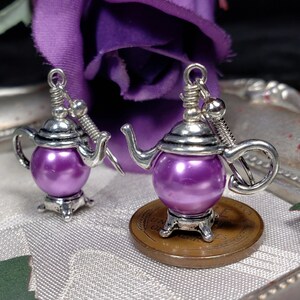 Purple Pearl Teapot Earrings, Tiny Silver Teapot, Miniature Teapots, Victorian Teapot Charms, Amethyst Pearls, Titanic Temptations 21012 image 6