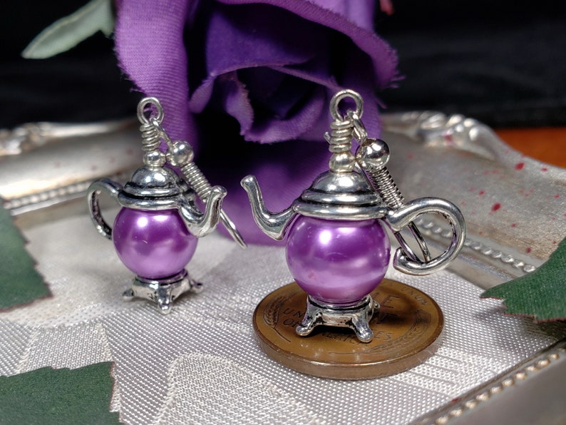 Purple Pearl Teapot Earrings, Tiny Silver Teapot, Miniature Teapots, Victorian Teapot Charms, Amethyst Pearls, Titanic Temptations 21012 image 6