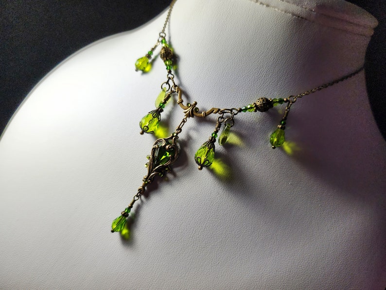 Peridot Green Victorian Choker, Gothic Heart, Lime Green Heartstone, Olivine Edwardian Bridal, Antique Gold Bronze Titanic Temptations 23005 image 4