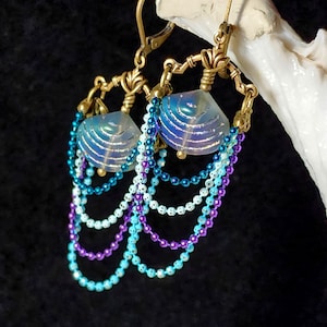 Aqua Blue Purple Victorian Earrings, Pearlized Seashell Charms Steampunk Mermaid Under the Sea Antique Gold Bronze Titanic Temptations 22006 image 1