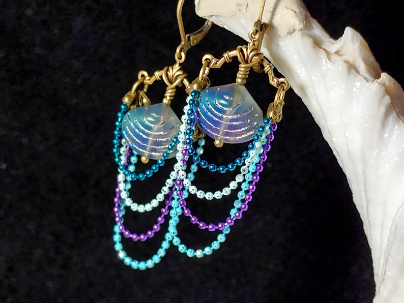 Aqua Blue Purple Victorian Earrings, Pearlized Seashell Charms Steampunk Mermaid Under the Sea Antique Gold Bronze Titanic Temptations 22006 image 1