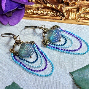 Aqua Blue Purple Victorian Earrings, Pearlized Seashell Charms Steampunk Mermaid Under the Sea Antique Gold Bronze Titanic Temptations 22006 image 4