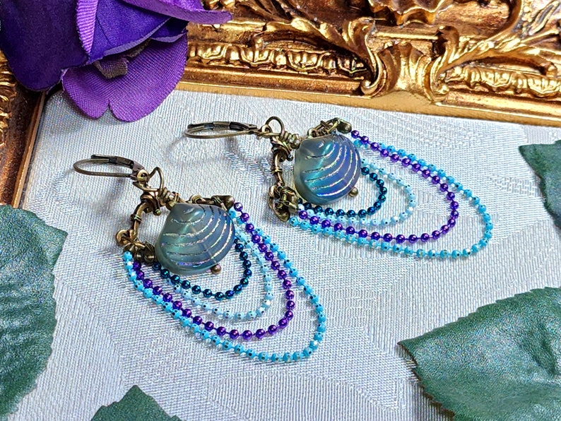 Aqua Blue Purple Victorian Earrings, Pearlized Seashell Charms Steampunk Mermaid Under the Sea Antique Gold Bronze Titanic Temptations 22006 image 4