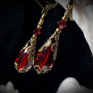 Blood Red Bronze Gothic Earrings, Dark Crimson Red Victorian Drops, Garnet Edwardian, Antique Gold Brass Steampunk Titanic Temptations 12019 image 5