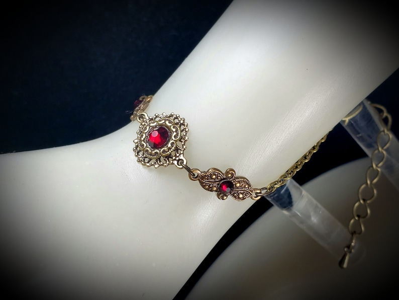 Blood Red Victorian Bracelet, Crimson Gothic, Scarlet Red Edwardian, Garnet Red Steampunk, Antiqued Gold Bronze, Titanic Temptations 22001 image 1