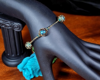 Blue Zircon Victorian Bracelet, Dark Aqua Pearl Edwardian Bridal Peacock Blue Gothic Turquoise Antique Gold Bronze Titanic Temptations 19008