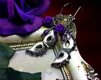 Phantom of the Opera Purple Rose Silver Mask Earrings Gothic Victorian, Amethyst Rosebud Steampunk Edwardian Drops Titanic Temptations 16007