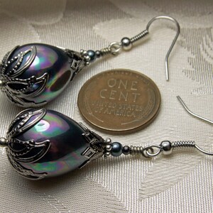 Large Silver Shell Pearl Victorian Earrings, Gothic Black Teardrop Pearl, Rainbow Luster, Antique Silver Gunmetal, Titanic Temptations 14013 image 5