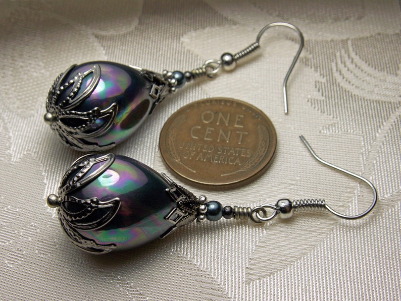 Large Silver Shell Pearl Victorian Earrings, Gothic Black Teardrop Pearl, Rainbow Luster, Antique Silver Gunmetal, Titanic Temptations 14013 image 5
