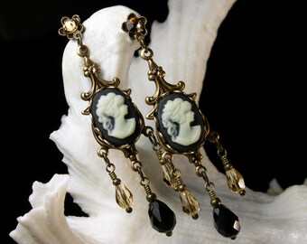 Ivory & Black Cameo Chandelier Victorian Earrings, Champagne Gold Edwardian Dangle Drops, Antique Brass Filigree Titanic Temptations 15011