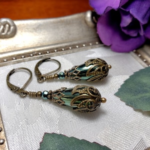 Green Teardrop Victorian Earrings, Olive Green Edwardian, Forest Green Gothic Drop, Antique Gold Bronze Steampunk, Titanic Temptations 21008 image 1