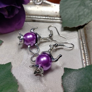 Purple Pearl Teapot Earrings, Tiny Silver Teapot, Miniature Teapots, Victorian Teapot Charms, Amethyst Pearls, Titanic Temptations 21012 image 4