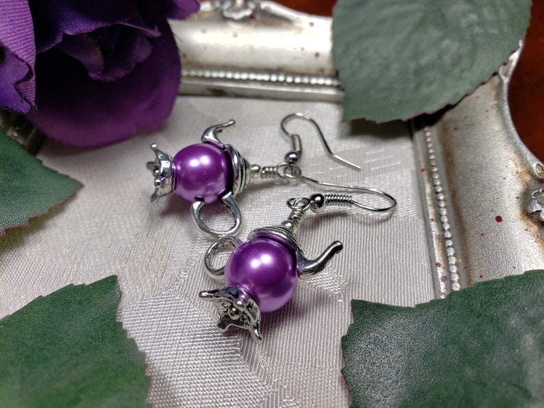 Purple Pearl Teapot Earrings, Tiny Silver Teapot, Miniature Teapots, Victorian Teapot Charms, Amethyst Pearls, Titanic Temptations 21012 image 4