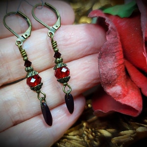 Blood Red Victorian Earrings, Crimson Gothic, Scarlet Steampunk, Dark Red Edwardian Bridal, Antique Gold Bronze, Titanic Temptations 23004 image 5