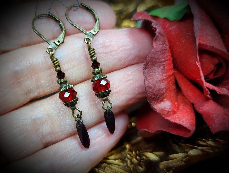 Blood Red Victorian Earrings, Crimson Gothic, Scarlet Steampunk, Dark Red Edwardian Bridal, Antique Gold Bronze, Titanic Temptations 23004 image 5