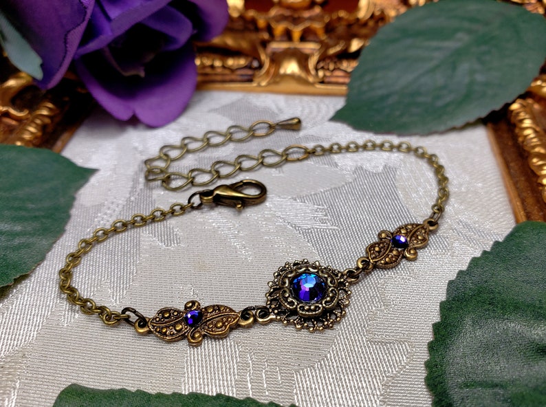 Blue Purple Victorian Bracelet, Heliotrope Gothic, Purple Edwardian, Aqua Blue Steampunk, Antique Gold Bronze, Titanic Temptations 22003 image 8