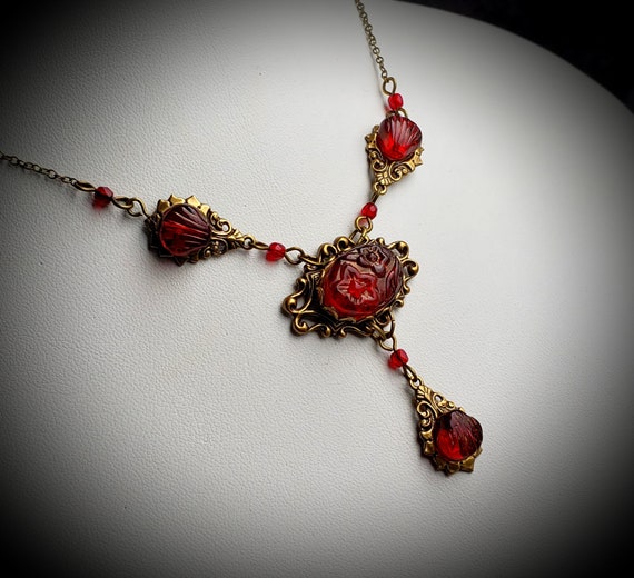 Blood Red Pressed Glass Flower Victorian Necklace Crimson - Etsy