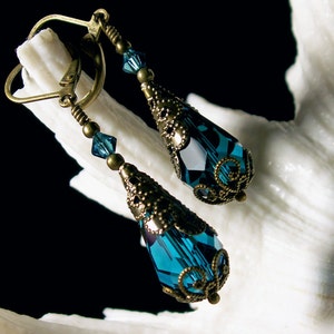 Peacock Blue Victorian Earrings, Blue Zircon Gothic, Dark Aqua Steampunk Teal Edwardian Bridal Antique Gold Bronze Titanic Temptations 11009 image 4