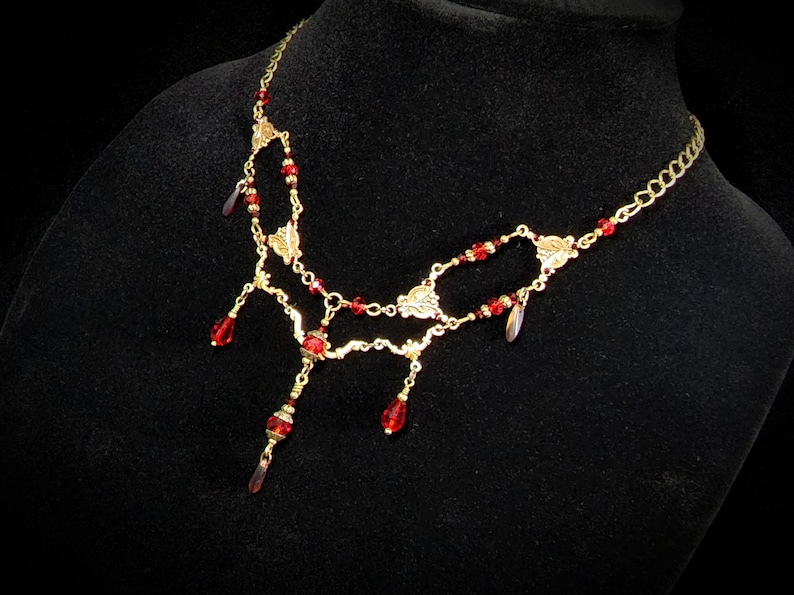 Blood Red Victorian Choker, Crimson Gothic Drop, Dark Red Edwardian Bridal, Scarlet Steampunk, Antique Gold Bronze Titanic Temptations 23004 image 8