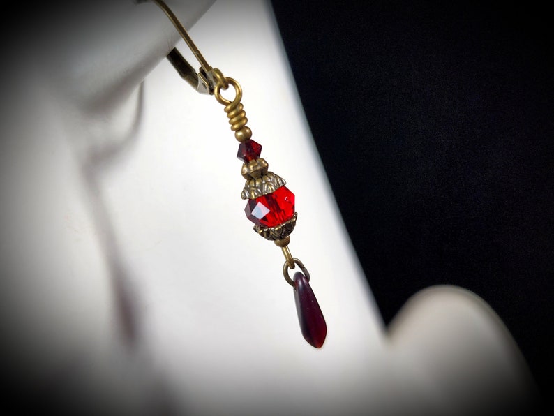 Blood Red Victorian Earrings, Crimson Gothic, Scarlet Steampunk, Dark Red Edwardian Bridal, Antique Gold Bronze, Titanic Temptations 23004 image 2