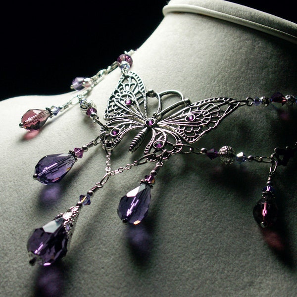 Amethyst Purple Crystal Silver Butterfly Choker Necklace Steampunk Jewelry Antique Vintage Victorian Bridal Style