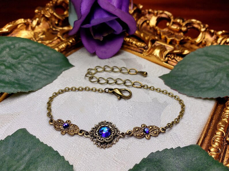 Blue Purple Victorian Bracelet, Heliotrope Gothic, Purple Edwardian, Aqua Blue Steampunk, Antique Gold Bronze, Titanic Temptations 22003 image 2