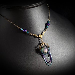 Aqua Purple Pearl Victorian Choker, Pearlized Seashell Charm Steampunk Mermaid Necklace Under the Sea Antique Gold Titanic Temptations 22006 image 4