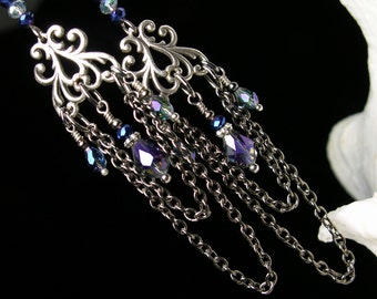 Blue Swag Victorian Earrings, Gothic Silver Chandelier, Purple Steampunk, Edwardian Bridal Antique Silver Filigree Titanic Temptations 13001