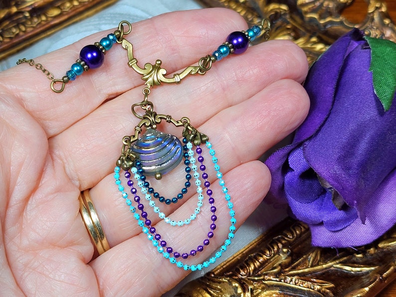 Aqua Purple Pearl Victorian Choker, Pearlized Seashell Charm Steampunk Mermaid Collier Sous la mer Antique Gold Titanic Temptations 22006 image 3