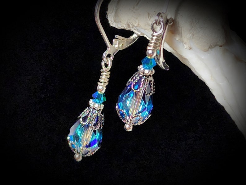 Bermuda Blue Victorian Earrings, Small Teardrop, Aqua Blue Purple Gothic, Edwardian Bridal Antique Silver Gunmetal Titanic Temptations 23003 image 5