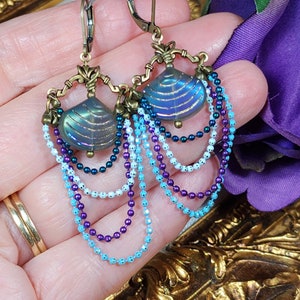 Aqua Blue Purple Victorian Earrings, Pearlized Seashell Charms Steampunk Mermaid Under the Sea Antique Gold Bronze Titanic Temptations 22006 image 7