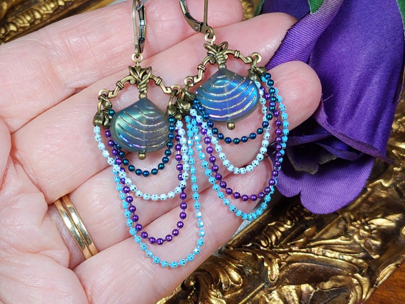 Aqua Blue Purple Victorian Earrings, Pearlized Seashell Charms Steampunk Mermaid Under the Sea Antique Gold Bronze Titanic Temptations 22006 image 7