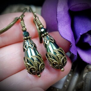 Green Teardrop Victorian Earrings, Olive Green Edwardian, Forest Green Gothic Drop, Antique Gold Bronze Steampunk, Titanic Temptations 21008 image 3