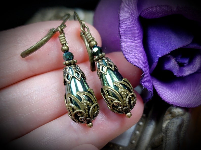 Green Teardrop Victorian Earrings, Olive Green Edwardian, Forest Green Gothic Drop, Antique Gold Bronze Steampunk, Titanic Temptations 21008 image 3