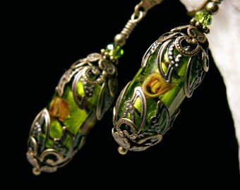 Lime Green Victorian Earrings, Rosebud Flower Drop, Peridot Edwardian Bridal, Olive Steampunk, Antique Gold Bronze Titanic Temptations 12007