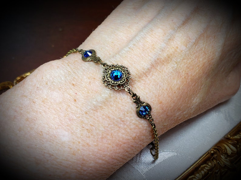 Bermuda Blue Victorian Bracelet, Blue Gothic, Sapphire Edwardian, Aqua Blue Purple Steampunk, Antique Gold Bronze, Titanic Temptations 22004 image 5